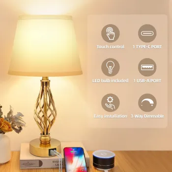 American Touch Bedside Lamp with USB Type-C Port for Living Room and Bedroom