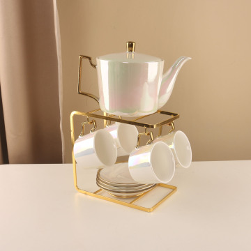 Electroplated Gold and Pearl Porcelain Tea Set with Stand
