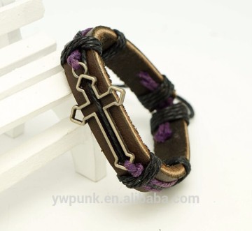 SKUB015 Wholesale adjustable real cow leather bracelet bracelets hollow cross jewelry bracelet wristband cuff supplier