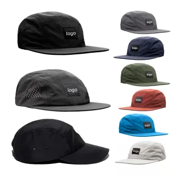 Wholesale Waterproof Quick-Drying 5 Panel Snapback Caps with Laser Cut Drilled Holes and Applique Logo in Breathable Lightweight Nylon