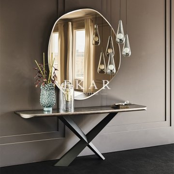 Modern Italian X-Shaped Stainless Steel and Marble Hallway Console Table with Wall Mirror