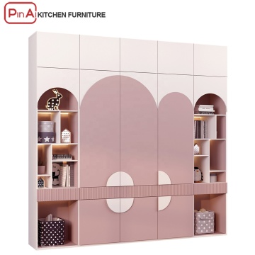 PINAI Small Almirah 4 Door Pink Wooden Cupboard for Kids' Room and Baby Wardrobe