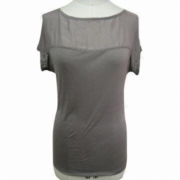 Women's T-shirt, two fabric joint at front panel,95% rayon,5% spandex jersey with 100% rayon challis