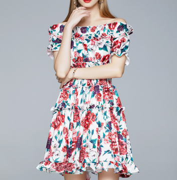 Short sleeve offshoulder floral printed ruffle mini dress