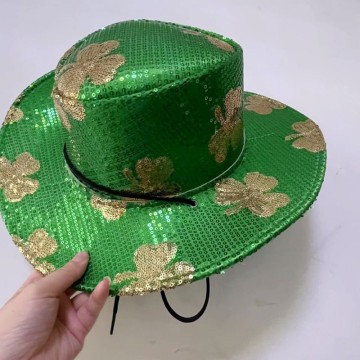 Green Sequin Shamrock Cowboy Hat - Autumn St. Patrick's Day Party Headwear Decoration