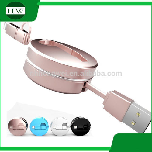 2 in 1 double interface compatible fast quick charger round usb telescopic data cable for iphone and Android mobile cell phone