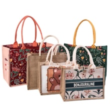 Spliced printed jute tote bag
