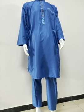 Kurta Thobe da uomo con ricamo blu con pantaloni