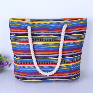2015 women cotton rope beach bag wide stripe canvas handbag nappy bags