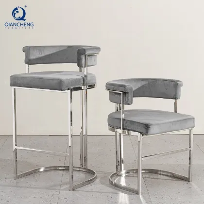 QIANCHENG Velvet Barrel Back Bar Stool for Modern Luxury Dining