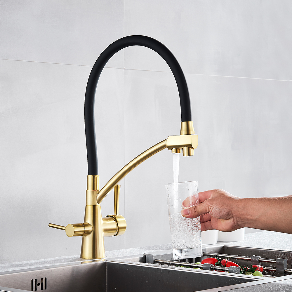 POIQIHY Brushed Gold Filtered Kitchen Faucets Pull Down 360 Rotation Mixer Tap Pure Water Crane For Kitchen Filter Water Taps