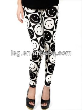 Women\'s Simple Black & White Smile Face Printed Stretchy Silky Tight Pants Lady Women Trendy Stretch Tights Pants Leggings