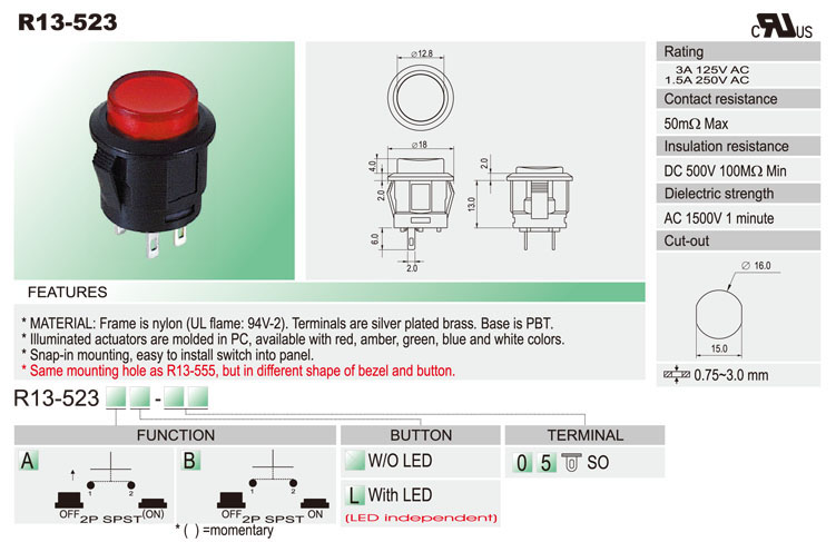 650 push button. Переключатель r13-523 схема. E-Switch r19 характеристики технические.