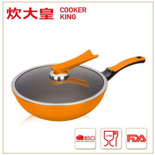 2015 factory price 32cm orange die-casting aluminium wok