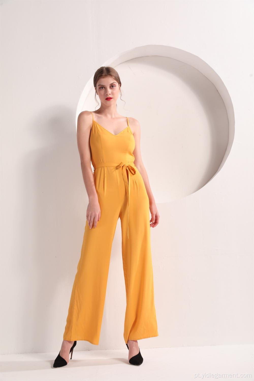 Mulheres cor amarela perna larga Jumpsuit Cami