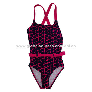 Children's Swimwear with Black Heart, Solid Color Belt and Shoulder Straps