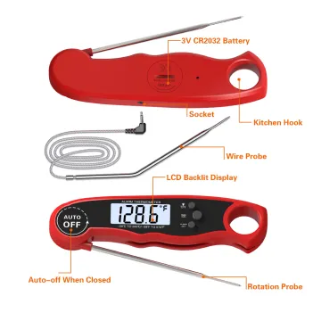 304 Stainless Steel Double Foldable Kitchen Thermometer for Meat, Oven, Grill, and BBQ - Liquid Folding Probe