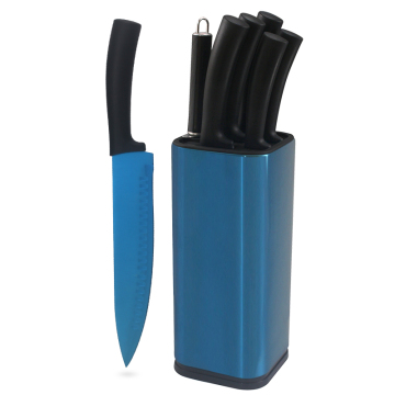 Ensemble de couteaux en acier inoxydable avec placage Ti-Ni bleu, y compris les ciseaux - cadeau parfait