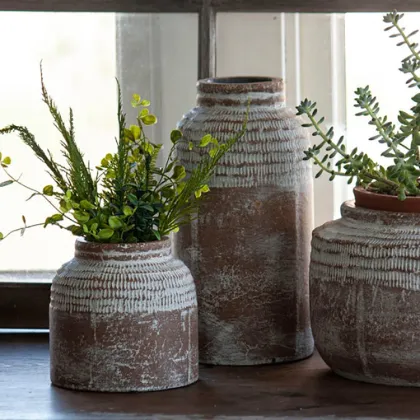 Wholesale Terracotta Cylinder Vases: Unique Hand-Carved Pastoral Garden Flower Vases for Home Decor