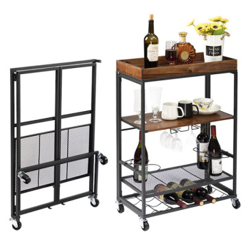 Foldable 4-Tier Wine Organizer Rack with Wheels for Kitchen and Dining Room Storage - Black