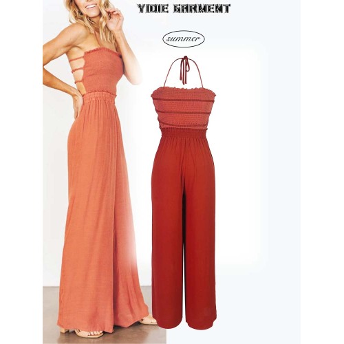 Cheesecloth Shirred Open Back Maxi Jumpsuit