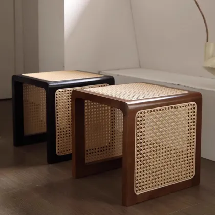 Solid Wood Rattan Storage Bench Cabinet