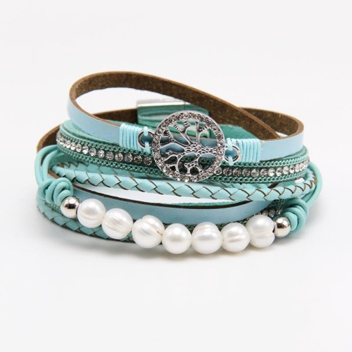 Leather Wrap Bracelet for Women Handmade Clasp Bangle Bracelet with Pearl Beads Crystal Wristbands Jewelry Gift for Ladies