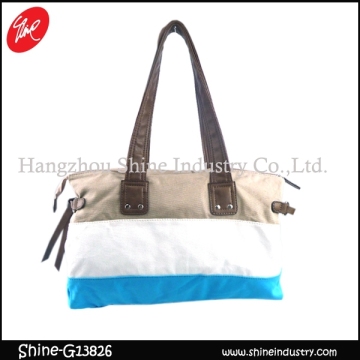 stripe women weekend bag/contrast color shoulder bag/pu duffel bag