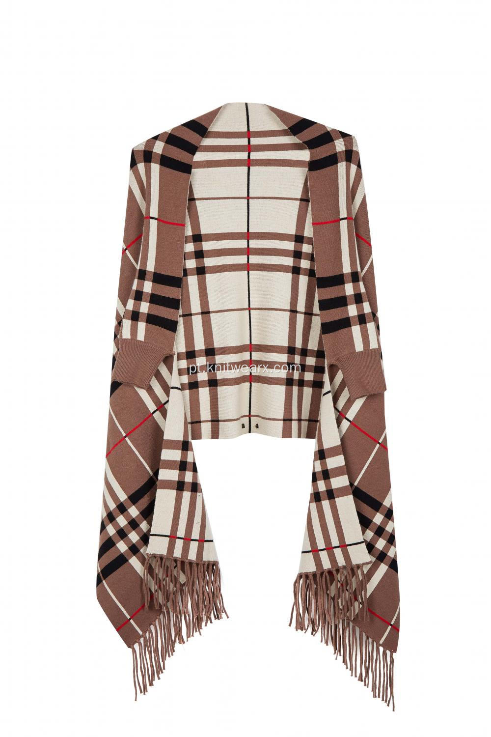 Suéter feminino Tassel Plaid Poncho Jacquard Xale