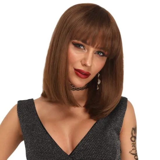 Top Quality Short Straight Bob Wigs For Black Women with Bang Heat Resistant Synthetic Non Lace Brown Wigs Wholesale Price