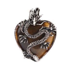 Yellow Tiger Eye Stone Heart Antique Silver Dragon Gemstone Pendant (32x42mm) for DIY Making Jewelry