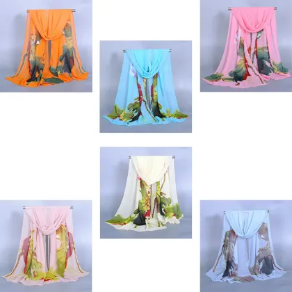 Lotus Printed Lady Long Head Chiffon Scarf