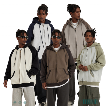 Custom Blank Heavy Weight Patchwork 100% Cotton Men's Full Zip Hoodies
