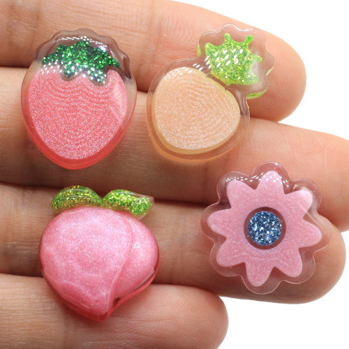 Kawaii Resin Fruit Flatback Cabochons Cute Cartoon Peach Φράουλα Ανανά Λουλούδι Glitter Resin Craft For DIY Phone Case Orna