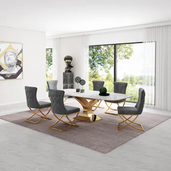 Curved Corner Marble Dining Table Set with Velvet Chairs and Golden Legs