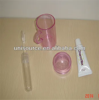 Mini travel cleaning kit, small travel mouth washing kits, plastic cup with folded toothbrush and toothpaste kit