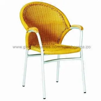 Outdoor rattan furniture with wicker weaving and teak armrest