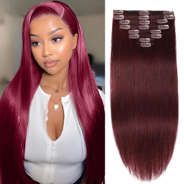 Zgjerime të flokëve të kuqërremtë Burgundy Clip Real Straight