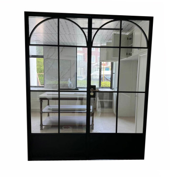 Black Steel Framed Metal Doors with Glazing, Hardware, and Mesh Screen