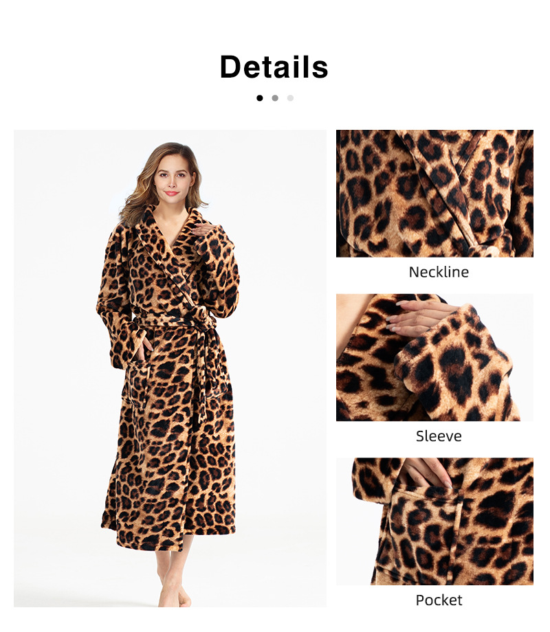 Leopard Print Women Flannel Fleece Fluffy Bathrobe