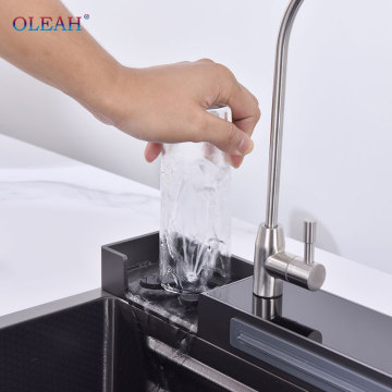 Smart Küchenspüle mit digitalem Display, 304 Edelstahl, großem Einzelbecken und Wasserfallarmatur