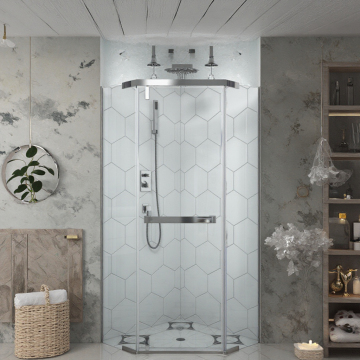 Selungkup shower berbentuk berlian dengan pintu pivot geser