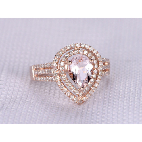 8x6mm Pear Cut Morganite and Diamond Engagement Ring 14k Rose gold Double Halo Three Row Split Shank