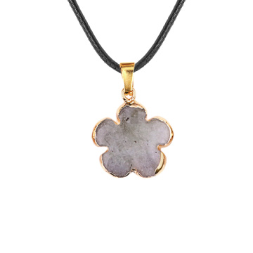 Labradorite 20MM Flower Wrapped Golden Stone Pendant Necklace 45cm Black Cord