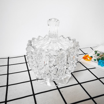 Crystal Glass Embossed Sugar Bowl with Lid for Kitchen Storage