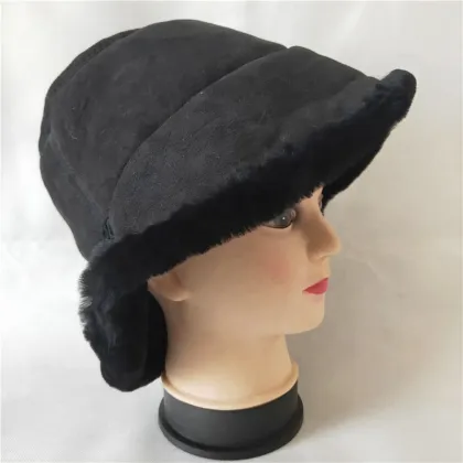 Women's Shearling Sheepskin Hat Winter Fur Bucket Beanie Hat