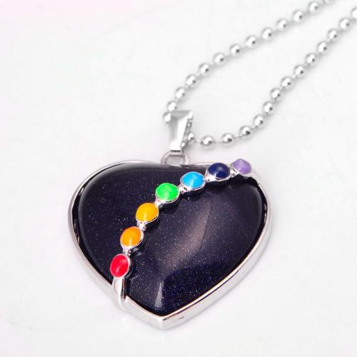 7 Chakras Gemstone Blue Goldstone Heart Pendant Necklace