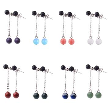 Gemstone Round 8MM Beads Dangle Hook Earring Silver Chain With Crystal Ball Stud Earring for Women Natural Stone Drop Earrings