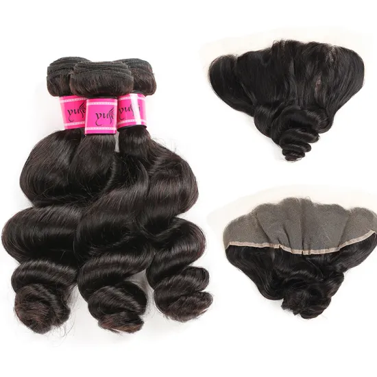 Natural Black Loose Wave 13x6 13x4 Lace Frontal With Human Hair Wefts Virgin Peruvian 3 Hair Bundles With Closure