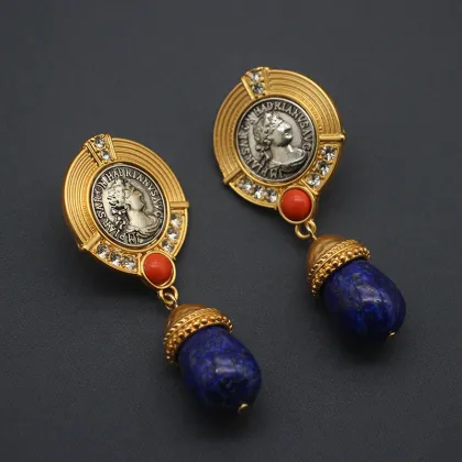 Vintage Jewelry Natural Lapis Lazuli Ancient Coin Earrings